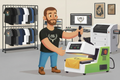 Print shop scene with custom shirt designs on clothing rack