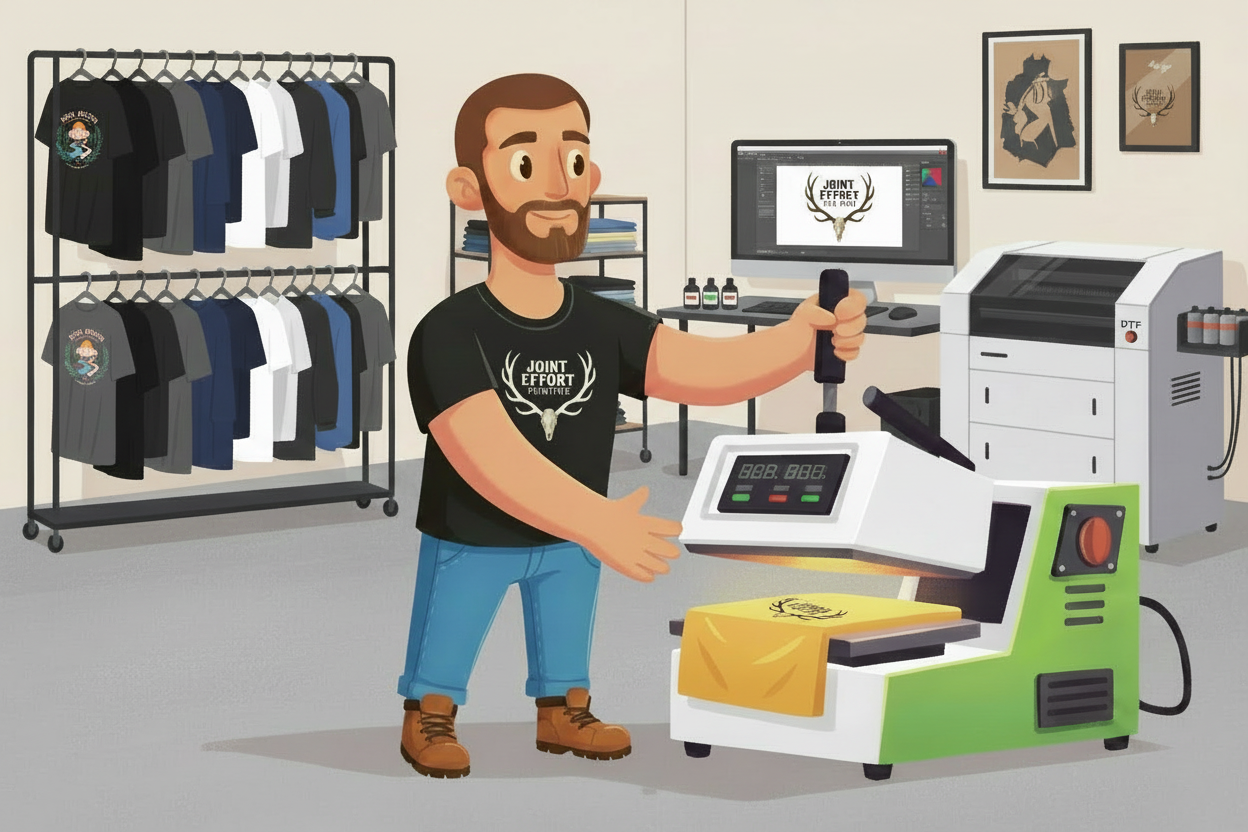 Print shop scene with custom shirt designs on clothing rack